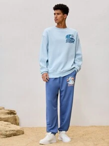 SHEIN X The Smurfs 男士休闲卡通印花抽绳腰运动裤 - 藍色 - 查看 4