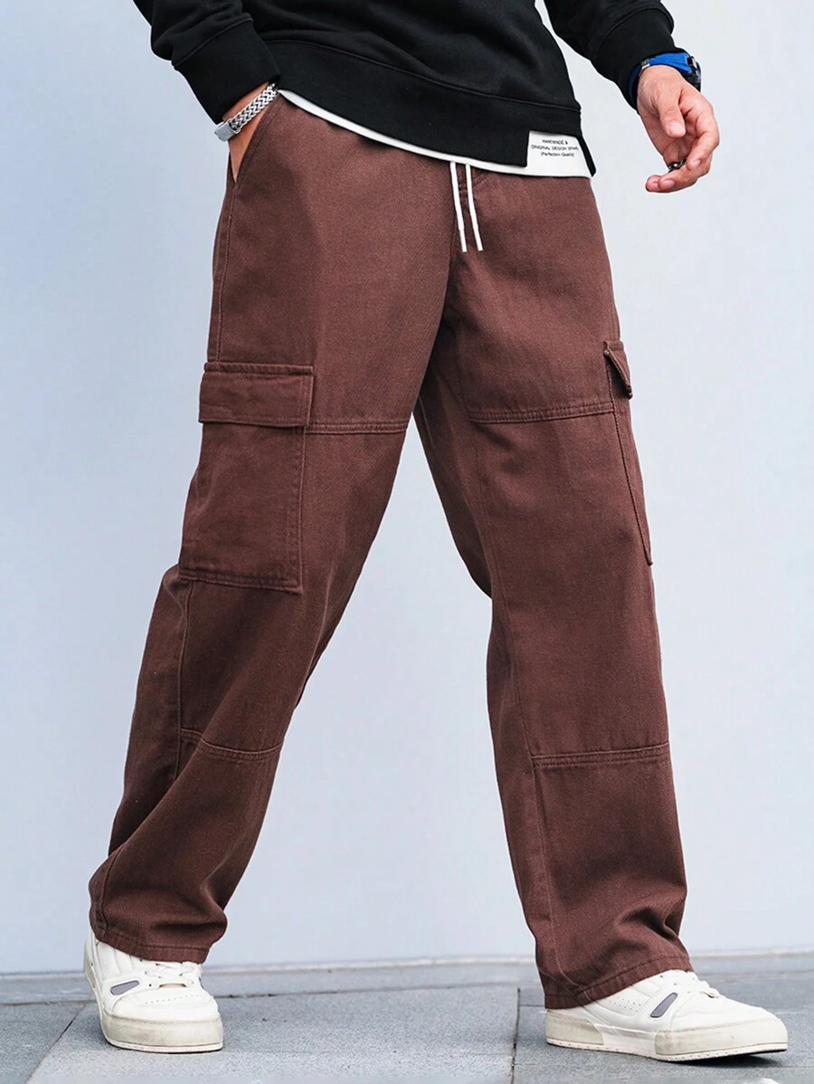 Manfinity Homme Plus Size Front Tie Pocket Casual Wide Leg Pants - Coffee Brown - View 1