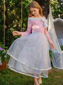 SHEIN Tween Girl 2 Pieces Set, Includes Off Shoulder Long Sleeve Bowknot Fitted Top In Pink And White Mesh Maxi Skirt, Elegant Casual Style For Spring/Summer Vacation, Girls Luxury Party Outfit