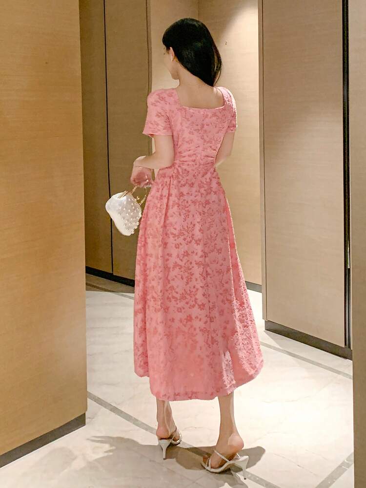 Texture Crew Neck Women Jacquard Short Sleeve Mid-Length Dress Prom Dress Sundress Elegant Women Dress