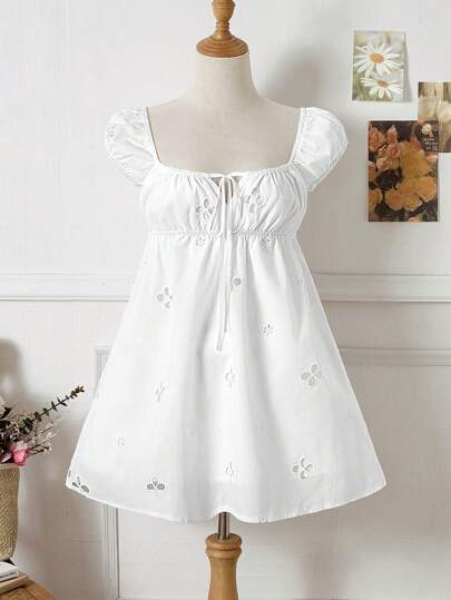 SHEIN Unity Vacation Square Neck Front Mid-V Pleated Tie Waist Hollow Embroidered Floral Short Dress