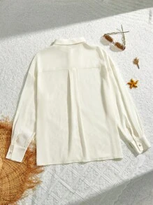 SHEIN MOD Women Casual Turndown Collar Long Sleeve Chiffon Apricot Shirt,,Beach Vacation,Beach Vacation Outfits,Swimsuit Cover Up,Moda Praia Maiô For Summer Beach Vacation