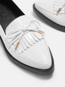 CUCCOO CURVES Plus Size Wide Fit Wedge Thick Bottom Shoes, Pointed Toe Solid Color High Vamp Fringe Shoes, British Style Women Shoes - White - View 6
