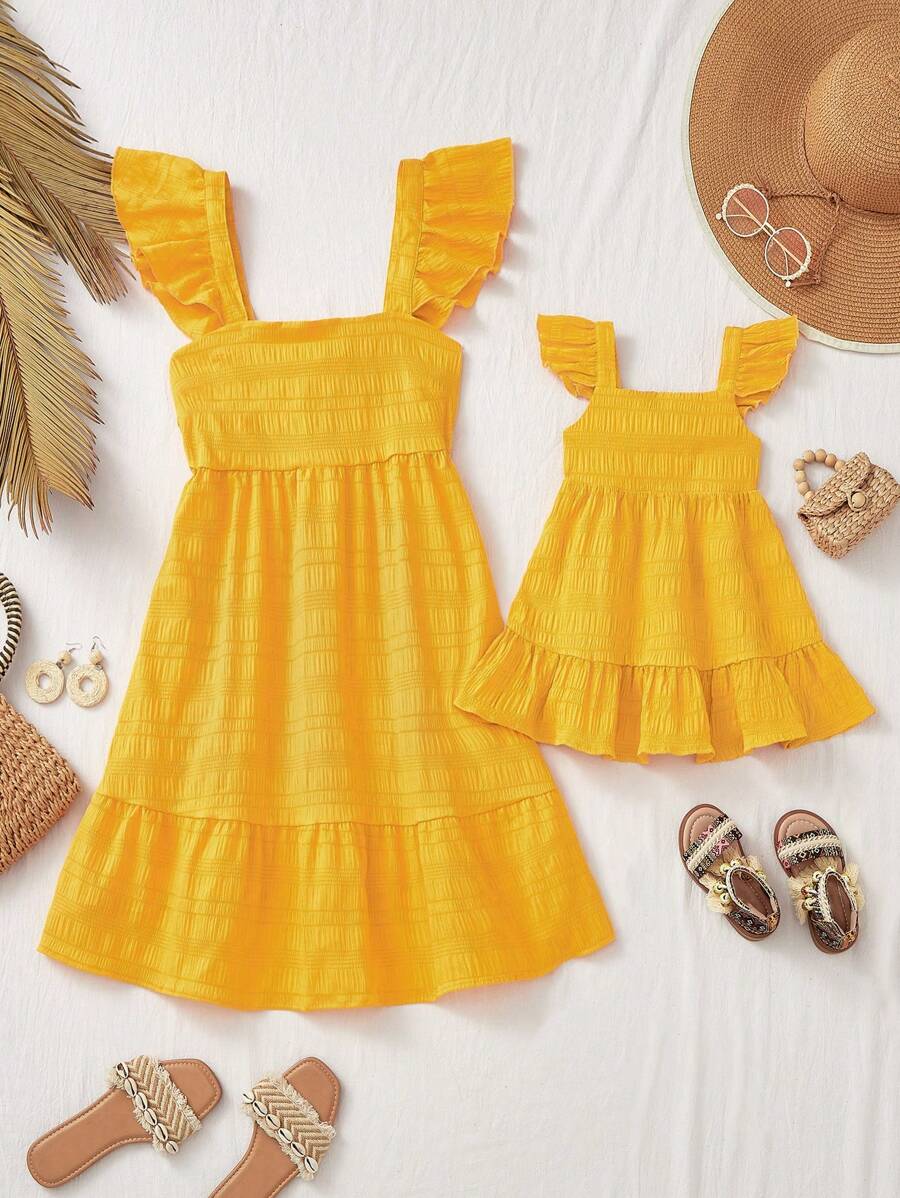 SHEIN Baby Girl & Mother Matching Ruffled Trim Yellow Summer Vacation Dress - Yellow - View 1