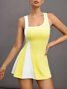 Activina Ladies' Solid Color Patchwork Wide Strap Casual Simple Short Sport Dressathletic Dress - Yellow - View 7