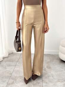 RueChic Gold Coated Pintuck Detailed Gold Pants - Gold - View 5