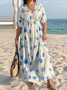 SHEIN VCAY Plus Size Floral Print Batwing Sleeve Summer Vacation Dress, Beach Outfits For Woman Beach Vacation Outfits, Spring Outfits For Women, Summer Outfits For Women, Graphic Outfits Women, Concert Outfit Women, Rave Outfits Festival - Blue and White - View 1