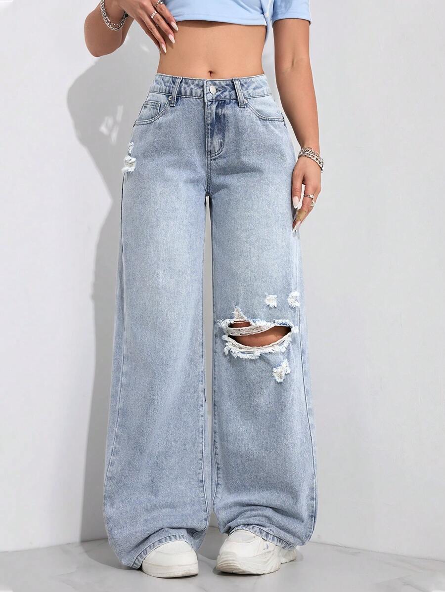 SHEIN EZwear Women's Casual Washed Distressed Wide Leg Jeans - Light Wash - View 1