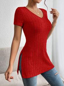 SHEIN Essnce Women's Casual Solid Color Side Slit Short Sleeve T-Shirt