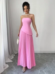 Elenzga 2pcs Women Bandeau Top & Pleated Skirt Set