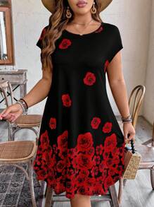 SHEIN LUNE Plus Size Women's Rose Floral Print Knit Round Neck Short Sleeve Loose Casual Fashion Mini Dress - Black - View 4