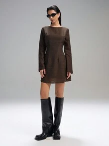 LYSMO Backless Tie-Back Bell Sleeve Mini Dress- Spring/Summer Vacation-2025New Arrival - Coffee - View 2