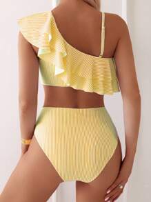 SHEIN Swim Women's Stripe Ruffled Trim Bikini Set For Summer Beach Vacation Holiday