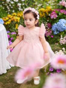 SHEIN Baby Girl Summer Cute & Elegant Mesh Cap Sleeve Dress - Pink - View 5