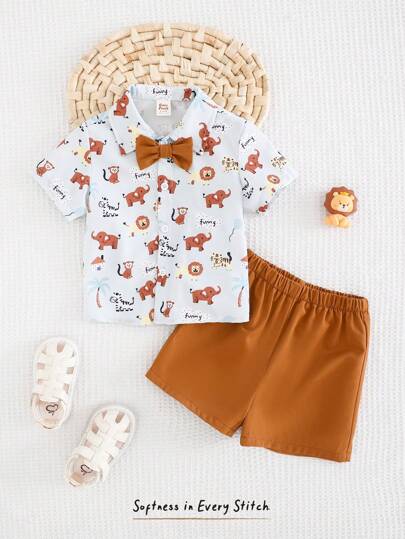 Cozy Pixies 2件套男婴卡通动物印花短袖衬衫和松紧腰短裤套装