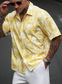 Manfinity RSRT Men's Vacation Casual Style Featuring An INS-Inspired Spring/Summer Impressionist Yellow SunDitsy Floral Bubble-Textured Jacquard Short-Sleeve Loose-Fit Shirt With A Button-Front Closure-Perfect For Music Festivals Men's Casual Jacquard Woven Yellow Shirt, Summer, Yellow For Men, Summer Shirt For Men, Vintage Shirts For Men, Party Shirts For Men