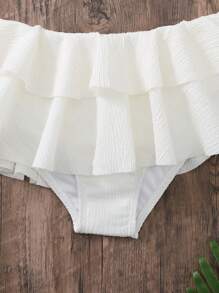 SHEIN Tween Girls Textured Multi-Layer Ruffle Trim Cami Bikini Set, Bikini Set Skirt Summer Beach, Beach Vacation Wear - Beige - View 10