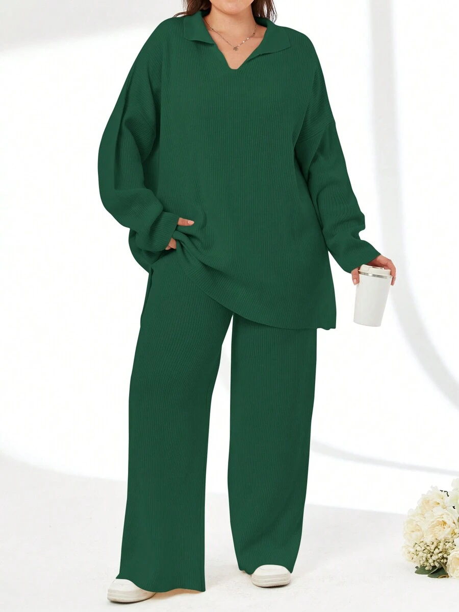 EURMUSE 2pcs/Set Solid Color Turn-Down Collar Sweater And Long Pants Outfit - Dark Green - View 1