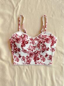 SHEIN VCAY Top corto ajustado de punto con estampado floral retro para mujer, ideal para vacaciones de verano y primavera, de uso casual