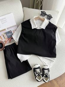 SHEIN Leap Crew 3pcs Young Boys' Korean Style Set,Round Neck Vest,Short Sleeve Shirt,Solid Color Pants,Summer,Family Matching,Back-To-School Kids' Outfits For School - Black and White - View 5