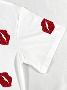 SHEIN Women Round Neck Short Sleeve Lips Print Casual Top, Everyday Wear - White - View 6