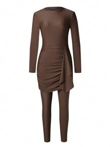 Swim Shayni Women 2 Pieces Set Casual Outfits Summer Vacation Beachwear, Round Neck Long Sleeve Dress+Loose Pants, Conservative Coffee Color Burkini Swimwear, For Women