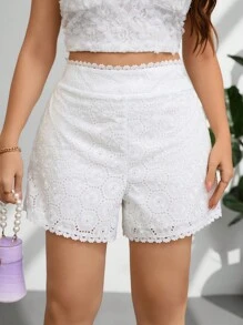 SHEIN Privé Women's White Embroidered Lace Trim Splice Shorts, Casual Summer Bottoms, Perfect For Wedding/Romantic Season
