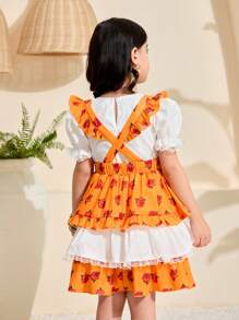 SHEIN Leap Crew Conjunto de 2 Peças: Top Branca com Manga Bufante para Meninas Jovens e Vestido Salopete com Estampa de Rosas Amarelas, Adequado para Férias, Uso Diário, Festa, Adorável Princesa