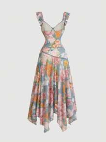 SHEIN MOD Váy in hoa cổ điển có cổ nhún bèo, eo thắt và viền bất đối xứng - Nhiều màu - Xem 2