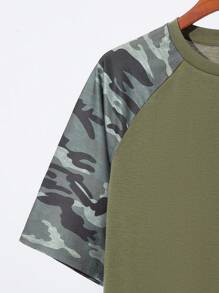 SHEIN Teen Boys' Casual Patchwork Camo Raglan Sleeve T-Shirt, Sports Streetwear Punk Rockaway Collegiate Daily Outdoor Party Music Festival Tee, Suitable For Spring & Summer, Military Green