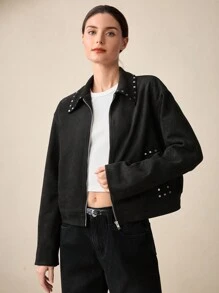 BizChic Women's Elegant Turndown Collar Rivet Decorated Commuter Jacket, Suitable For New Year Party, Spring/Summer - Black - View 5
