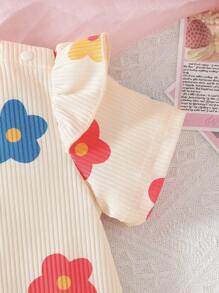 2件套婴儿女童圆领荷叶边彩色碎花短袖连体衣，配发带，可爱舒适，适合春、夏、秋季穿着。 - 彩色 - 查看 8