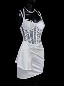 SHEIN ICON Sexy Satin & Lace Trim Mini Dress - White - View 4