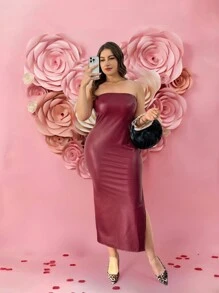 SHEIN Privé 大码舒适休闲优雅年轻派对拥抱和亲吻印花勃艮第色 PU 管紧身连衣裙，适合女士情人节 - 酒紅色 - 查看 4