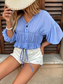 Breezaya Damen V-Ausschnitt Rüschen Chiffon Puffärmel Bluse, Frühling/Sommer - Blau - Übersicht 4