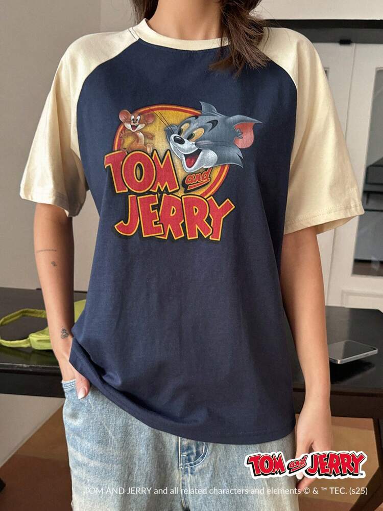 TOM AND JERRY X DAZY Women's Raglan Sleeve Cartoon Graphic Print Contrast Color T-Shirt Cute Top, Teacher