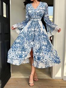 DAZY Floral All-Over V-Neck Lace Trim Slit Midi Dress For Women Boho,Fall Dress Long Sleeve Dress - Blue - View 1