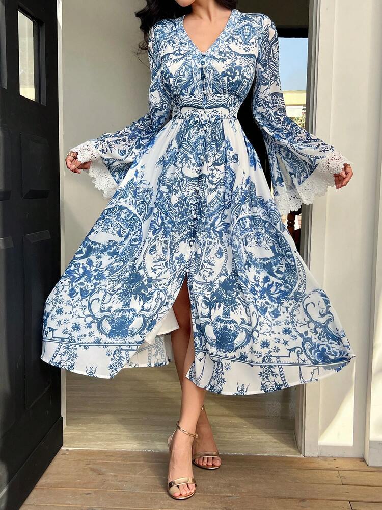 Floral All-Over V-Neck Lace Trim Slit Midi Dress For Women Boho,Fall Dress Long Sleeve Dress