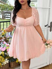 Flirla Plus Size Women's Pink Floral Print Ruffled Holiday Dress, Sweet & Cute