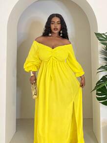 Veslaya Đầm dài không tay màu vàng cỡ lớn, trễ vai, có bèo nhún ở gấu, trang phục thường ngày đa năng, phù hợp cho mùa xuân/hè, đi biển, phong cách boho, tiệc tùng, miền Tây, lễ Phục sinh, kỳ nghỉ. - Màu vàng - Xem 2