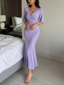 DAZY Ribbed Knit Ruffle Hem Fitted Mermaid Hem Lounge Dress Pajama - Purple - View 6