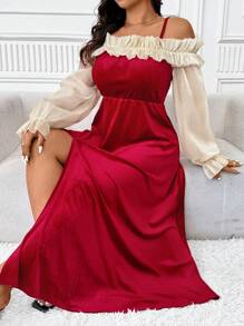 SHEIN Unity 大码女式优雅露肩长袖荷叶边天鹅绒紧身连衣裙，情人节红色，新年 - 彩色 - 查看 4