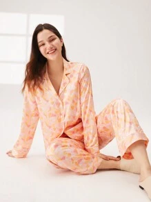 LUVLETTE Conjunto de pijama de satén sedoso con estampado floral, blusa con botones y pantalones con bolsillos, conjunto de lencería para mujer