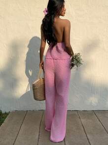 Sunnyshic Embroidered Spaghetti Strap Top & Loose Pants Beach Set, For Vacation - Pink - View 2