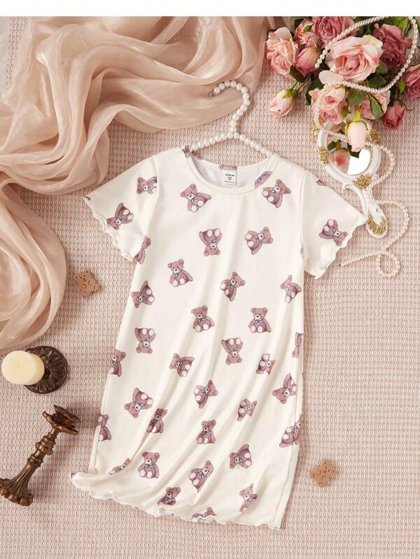 Jonge meisjes Witte zoete beer print losse pasvorm ruche rand ronde hals korte mouw lange nachtjapon casual nachtkleding, zomer