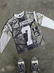 PAVTROS Manfinity Streetrush Men's Casual Patchwork Print Pullover Sweatshirt, Autumn - Green - View 4