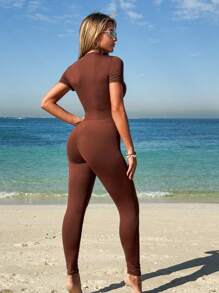 Swim SPRTY Women Solid Color Short Sleeve Jumpsuit Swimsuit/Wetsuit For Summer Beach Vacation - Brown - View 2