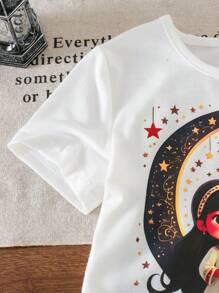 SHEIN 2 件套年轻女孩灯笼、星星、月亮印花 T 恤上衣和海军蓝百褶裙，休闲日常穿着，适合夏季斋月 - 黑色 - 查看 5