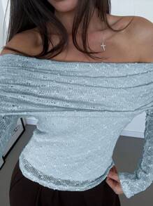 Aloruh 杏色露肩长袖修身纹理女式 T 恤，适合约会和度假的浪漫装扮