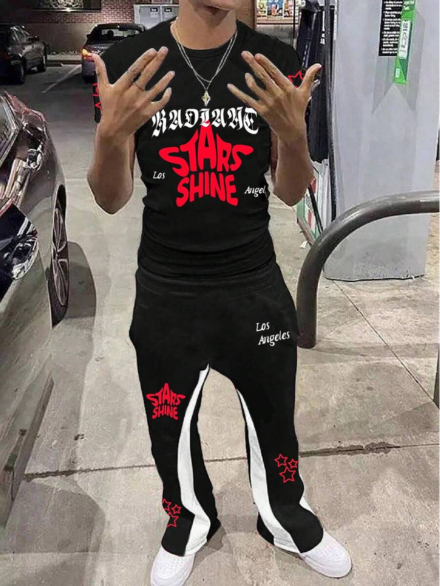 SHEIN 青少年男孩街头休闲简约星星哥特字母印花圆领短袖T恤拼色裤子套装适合旅行适合春夏旅行装，春季 - 彩色 - 查看 1